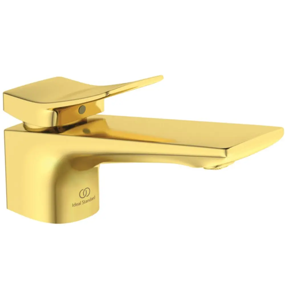 Waschtischarmatur in goldener Ausführung mit einem Hebel zur Temperaturregelung. Produkt von Ideal Standard, geeignet für moderne Badezimmeranwendungen.